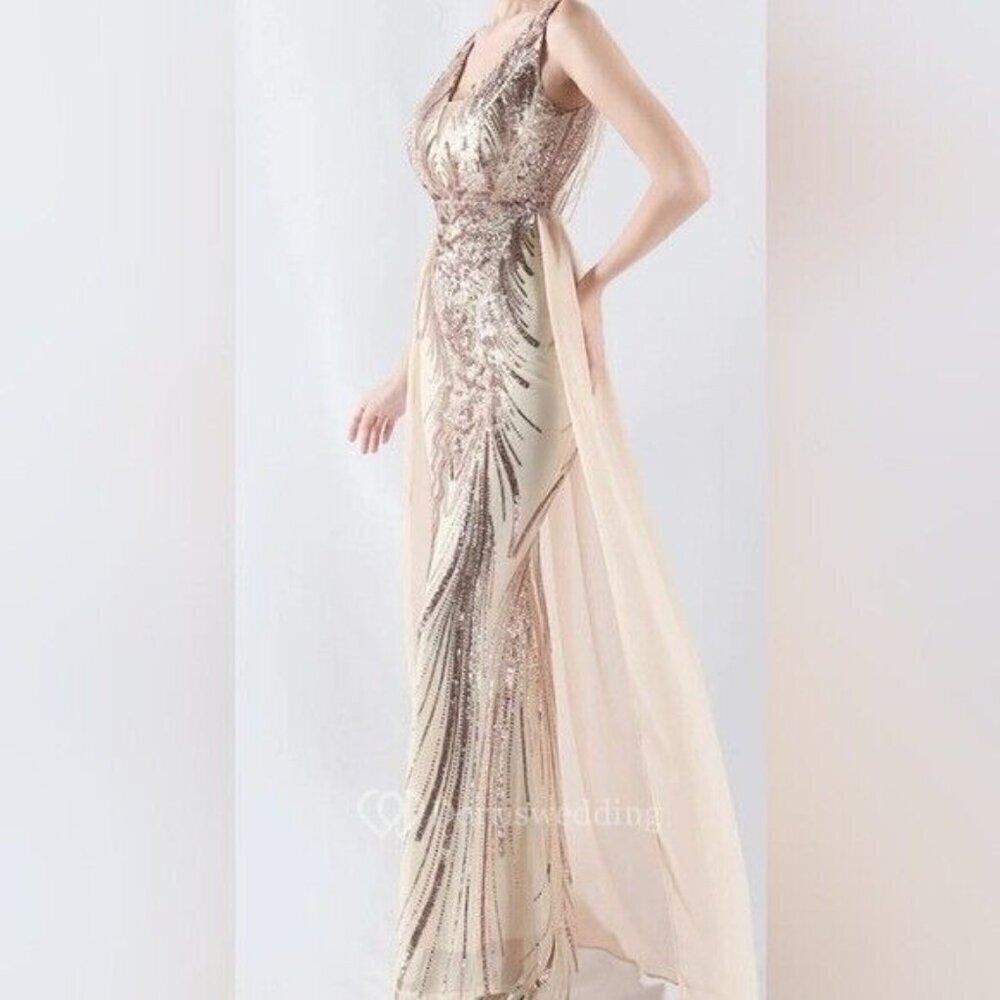Gold, Double V, Beaded Back,  Draped Skirt,  Contrast Sequined Mermaid Gown - Picture 8 of 13